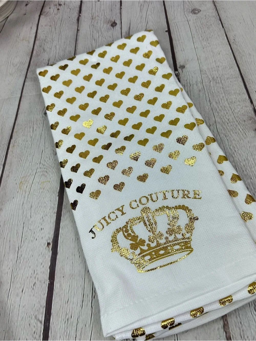 NWT Juicy Couture home kitchen Towel Gold foil Hearts glam décor modern luxe
